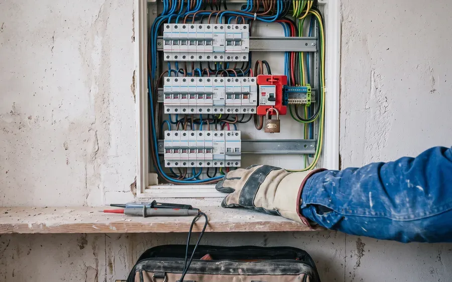 Un tableau électrique ouvert ; un disjoncteur coupé est condamné par un dispositif de verrouillage rouge et un cadenas. Une main gantée repose sur la tablette, un testeur de tension à côté.